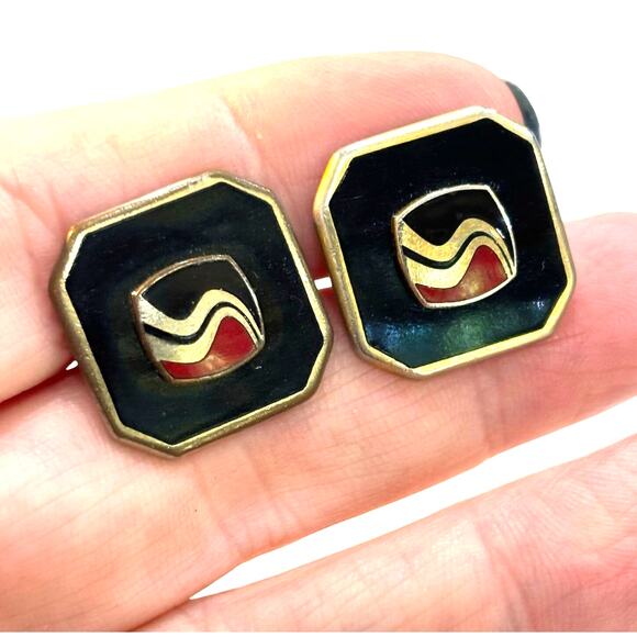 Vintage 70’s cufflinks goldtone black & red enamel finish hip mod men's Jewelry - Picture 4 of 6